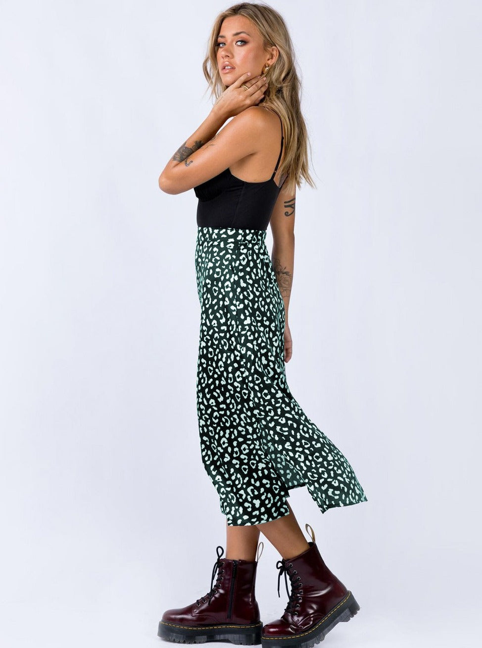 Leopard Print Chiffon High Waist Slit Skirt