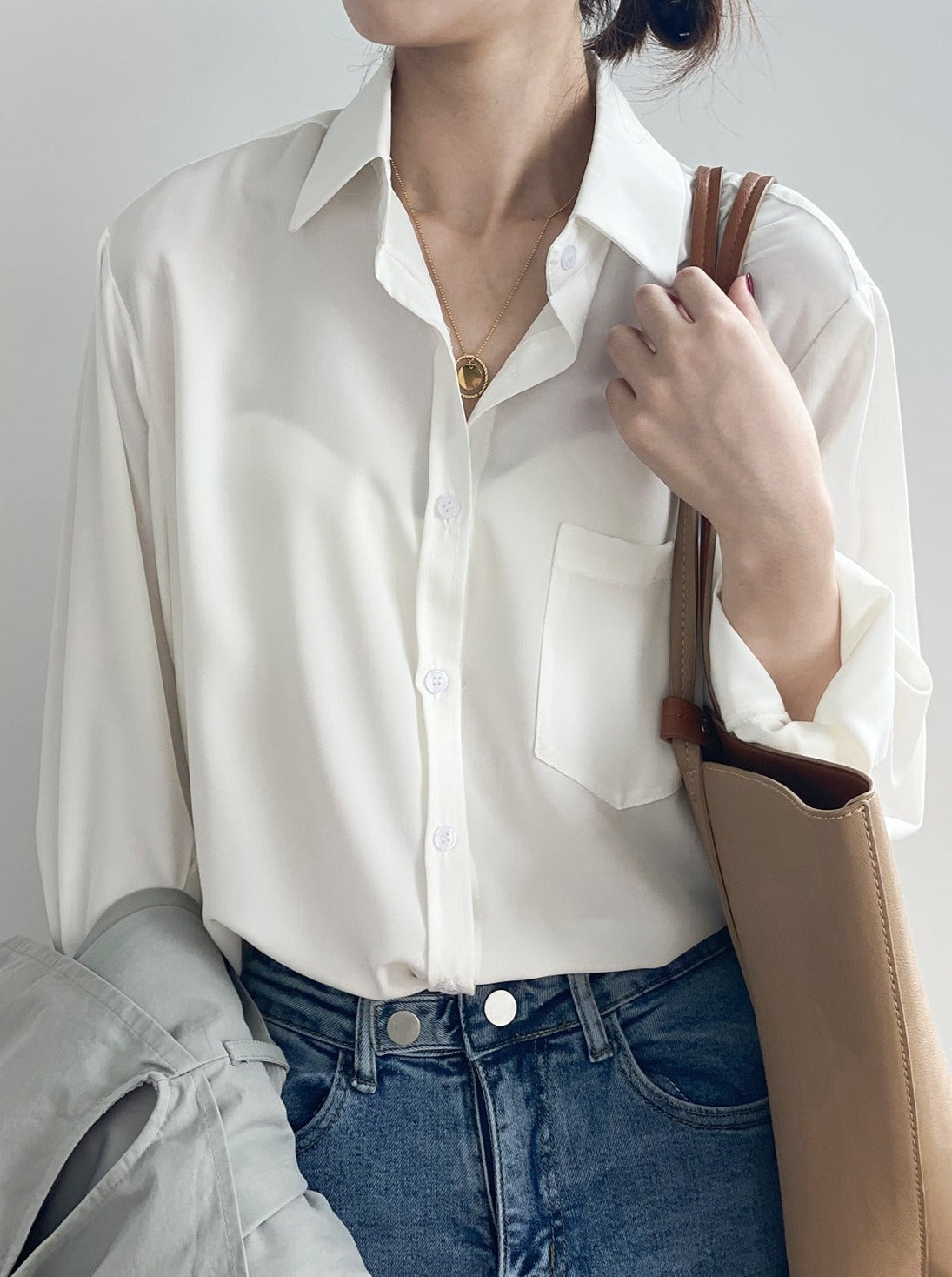 White Long Sleeve Lapel Shirt