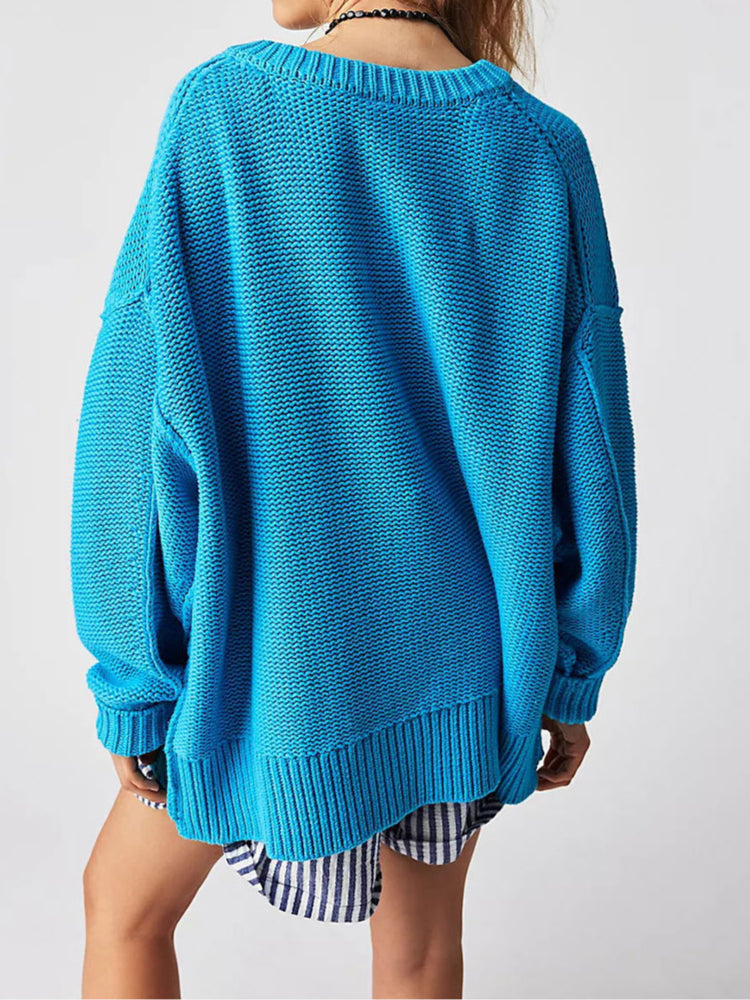 Oversize-Pullover mit V-Ausschnitt für Frauen, lässiger Grobstrick-Pullover