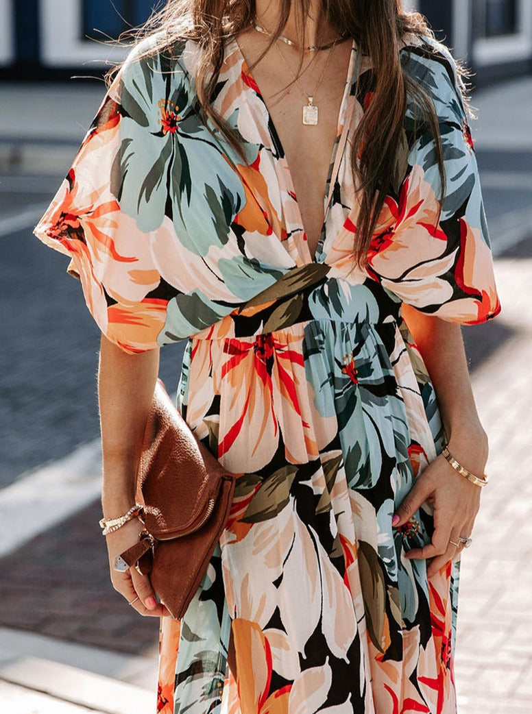 V-Neck Printed Loose Slit Dress