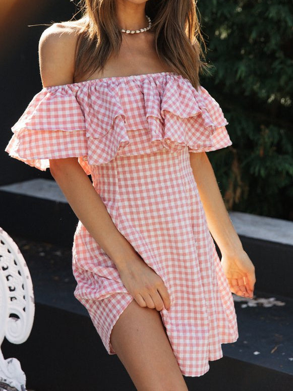 Plaid Off Shoulder Leaf Collar Dress