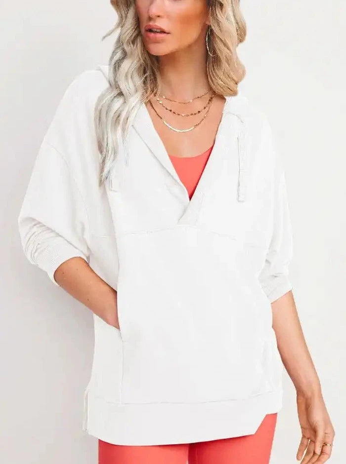 White Oversized Deep V-Neck Hooded Sweatshirt