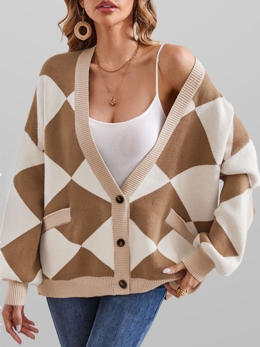 Strickjacke Damen Geometrisches Muster Oversize Cardigan mit Knöpfen, Pullover für Winter & Herbst, Casual Langarm V-Ausschnitt Strickjacken in Verschiedenen Farben