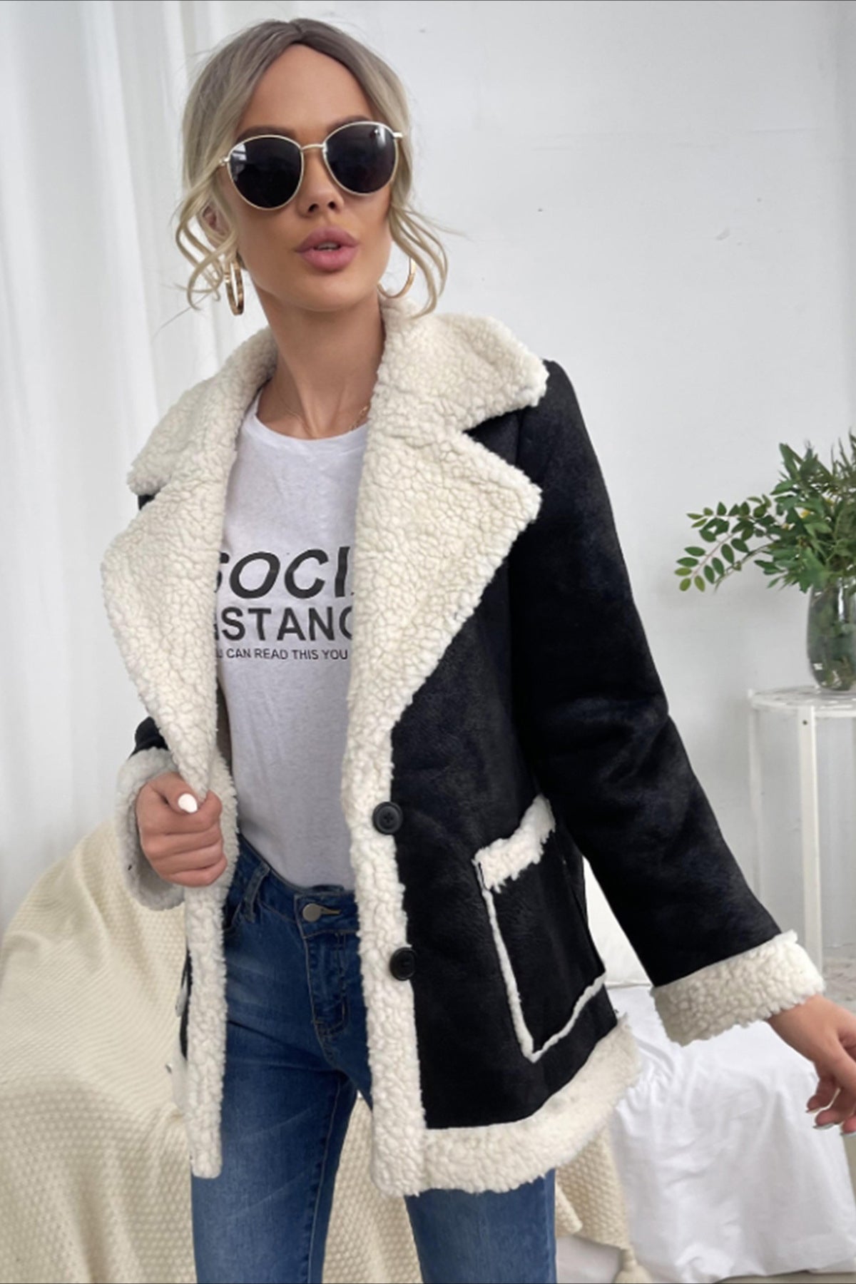 Trendy Black and White Faux Shearling Blazer