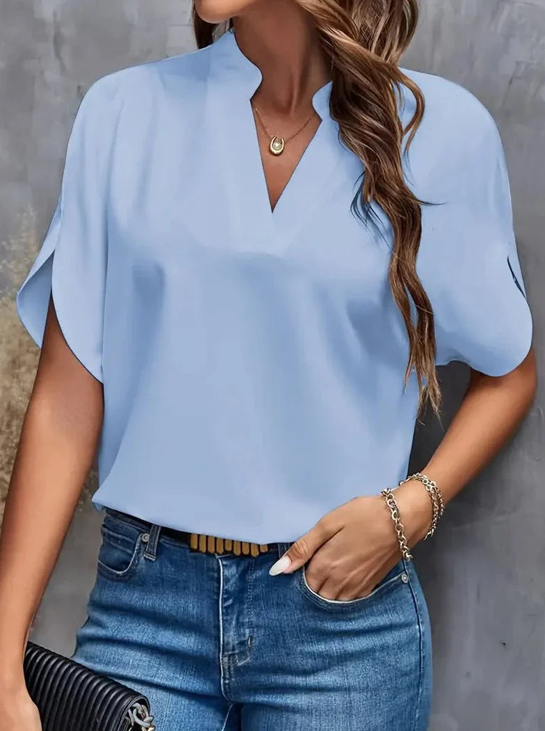 Elegant Short Sleeve Deep Notch V Neck Blouse