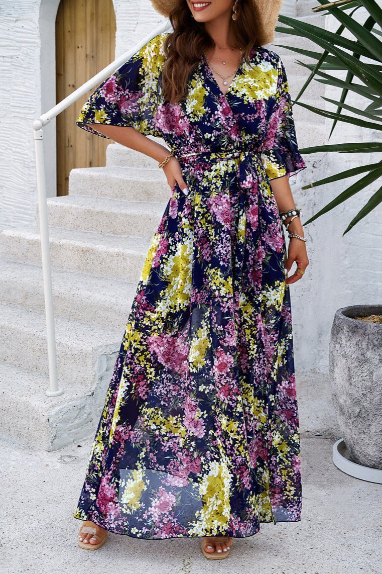 Floral V-Neck Wrap Around Belted Midi Dress