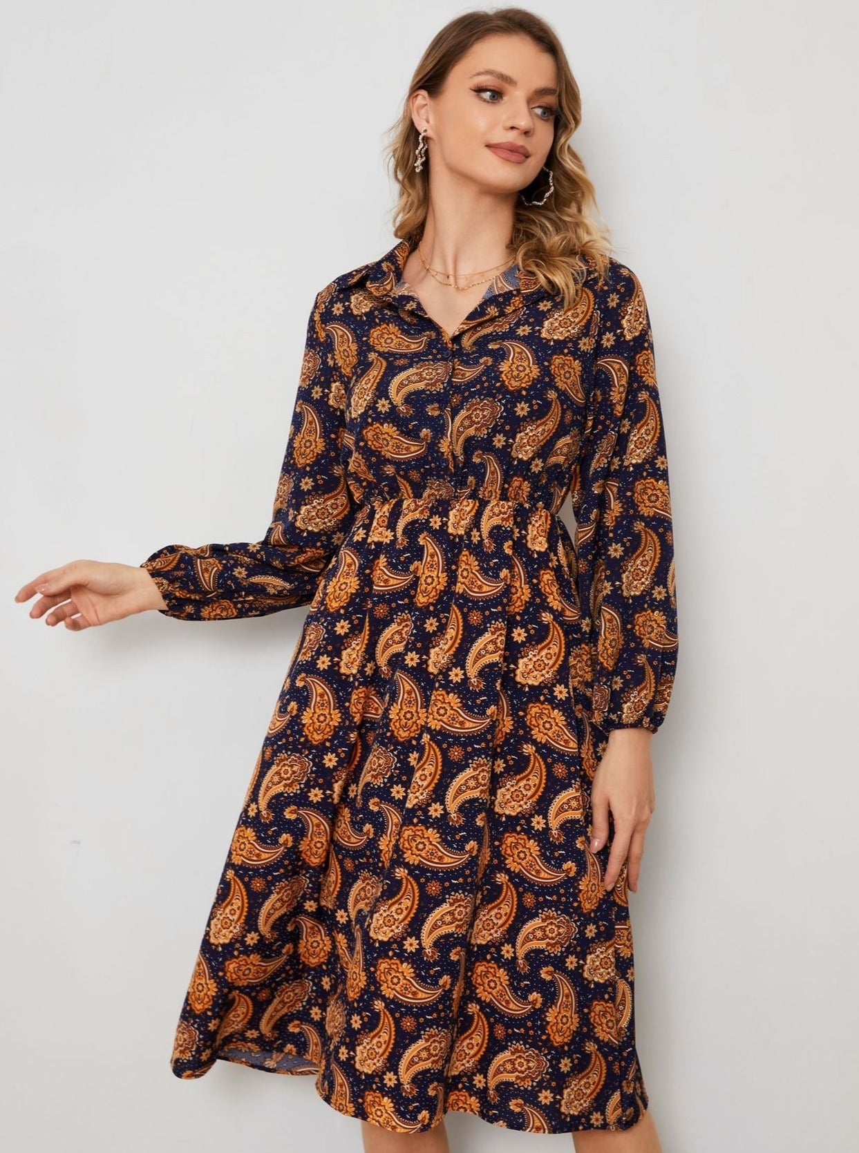 Brown Floral Collar Long Sleeve Temperament Midi Dress