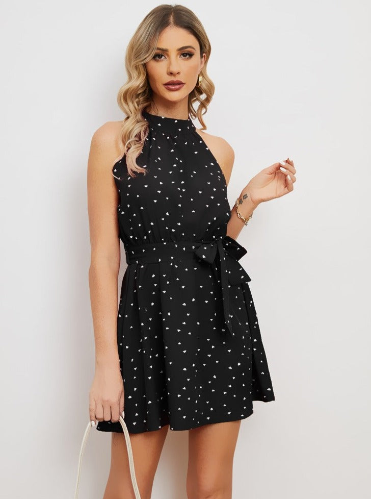 Heart Printed Tie Waist Halter Neck Dress