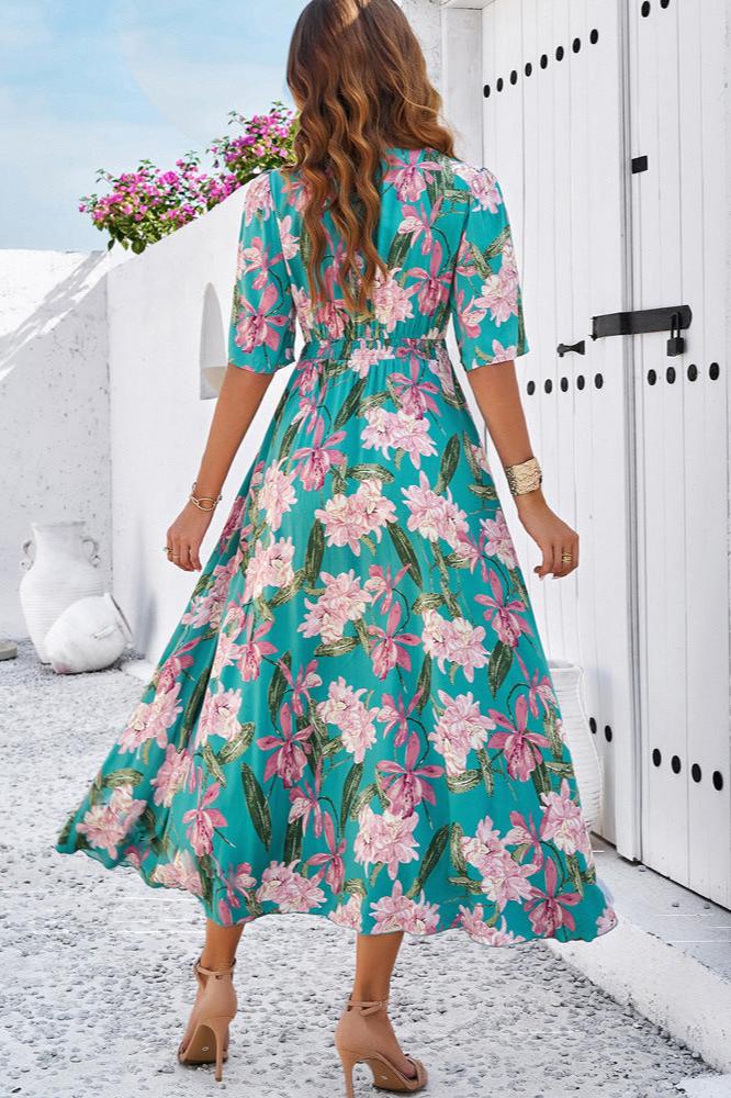 Chic Summer Floral V-Neck Side Slit Midi Dress