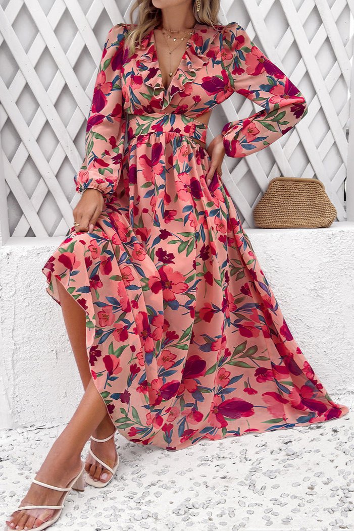 Long Sleeve Deep V-Neck Floral Maxi Dress