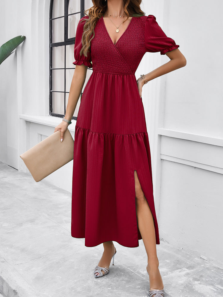 Red V-Neck Short Sleeved Long Dress