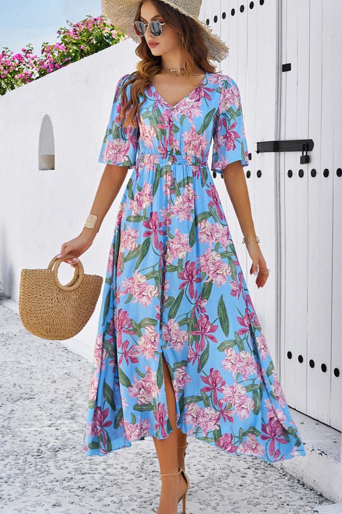 Chic Summer Floral V-Neck Side Slit Midi Dress