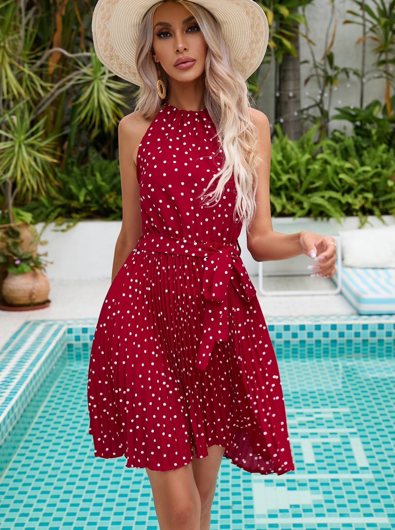 Elegant Halter Neck Polka Dots Printed Sleeveless Dress