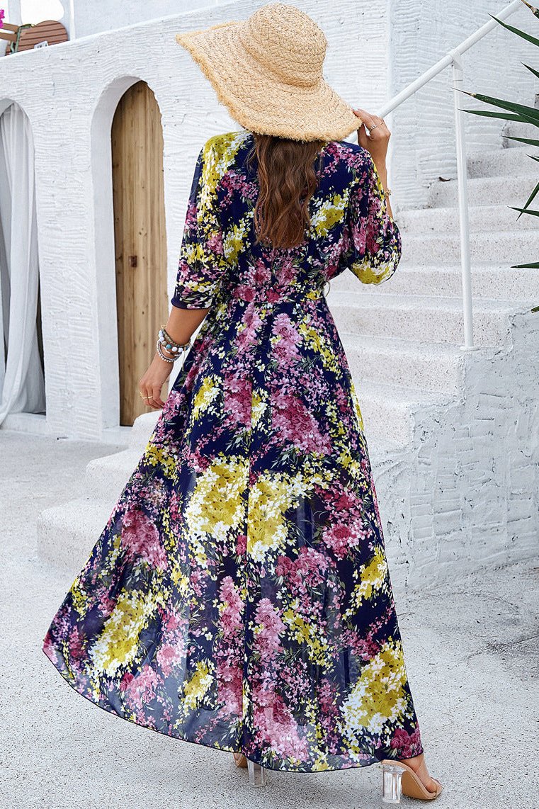 Floral V-Neck Wrap Around Belted Midi Dress