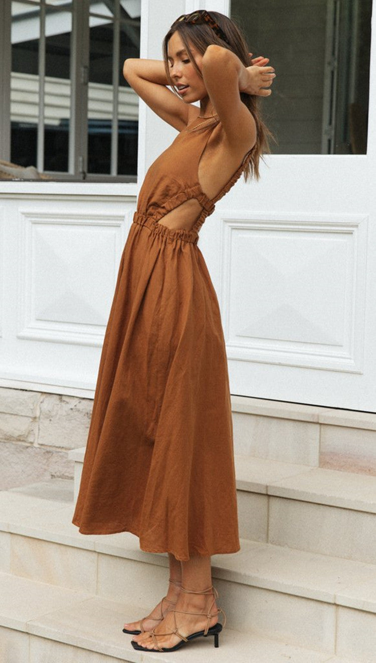 Brown Round Neck Backless Swing Dress