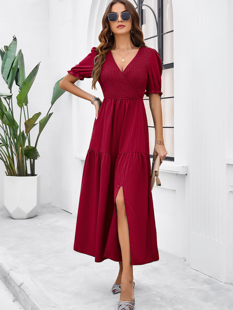 Elegant Midikleid Mit Schlitz Langarm V-Ausschnitt - Sommer Kleider Verschiedene Farben