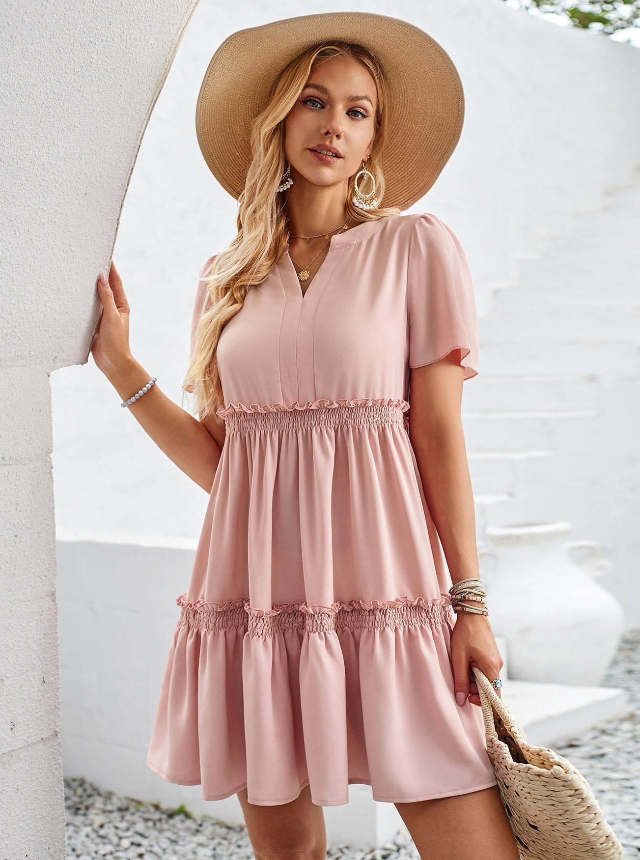 V-Neck Short Sleeve Smocked Ruffle Dress