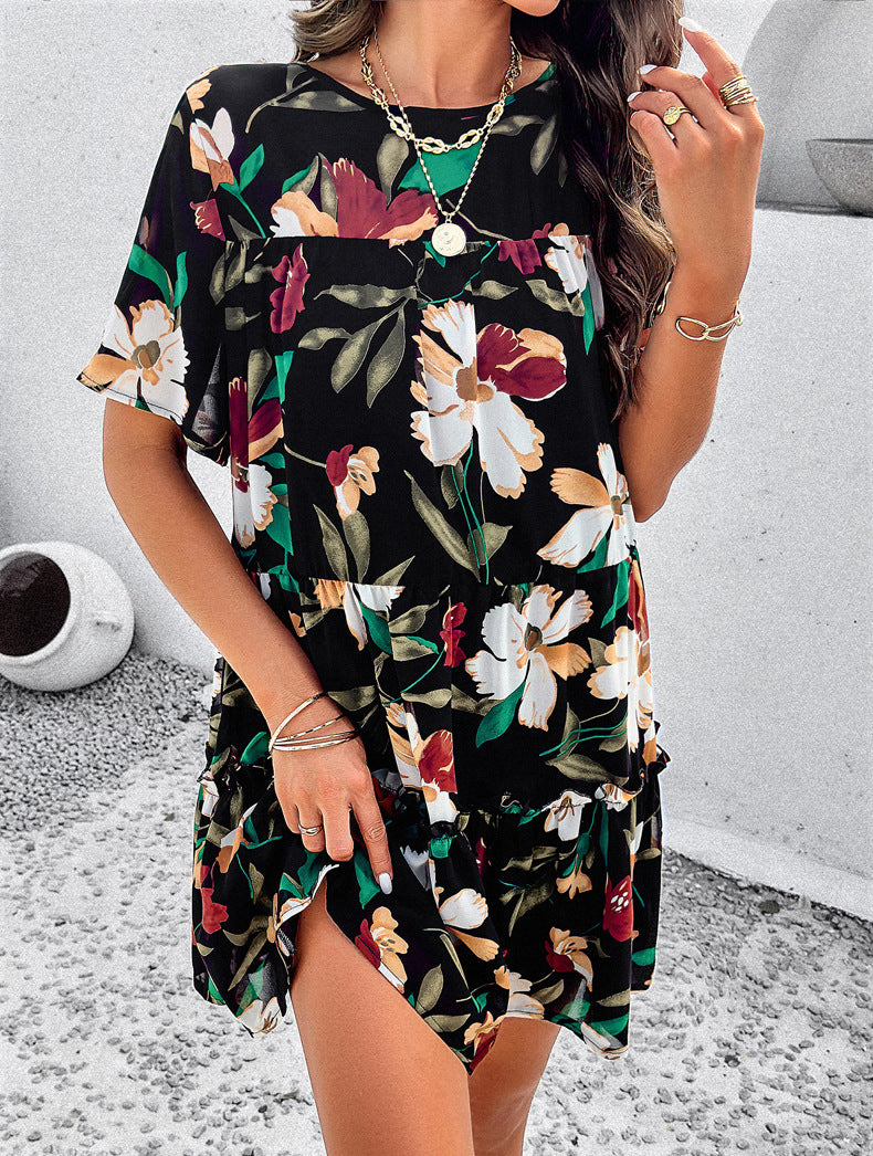 Black Leisure Vacation Printed Short-Sleeved Dress