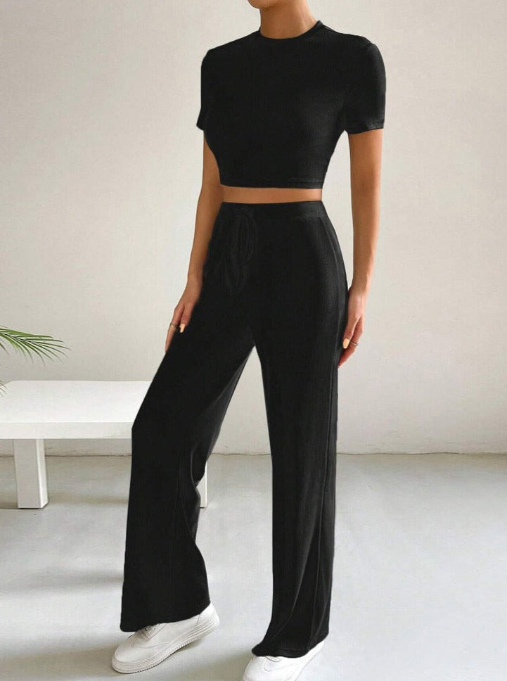 Black Wide Leg Pants and Crop Top Set