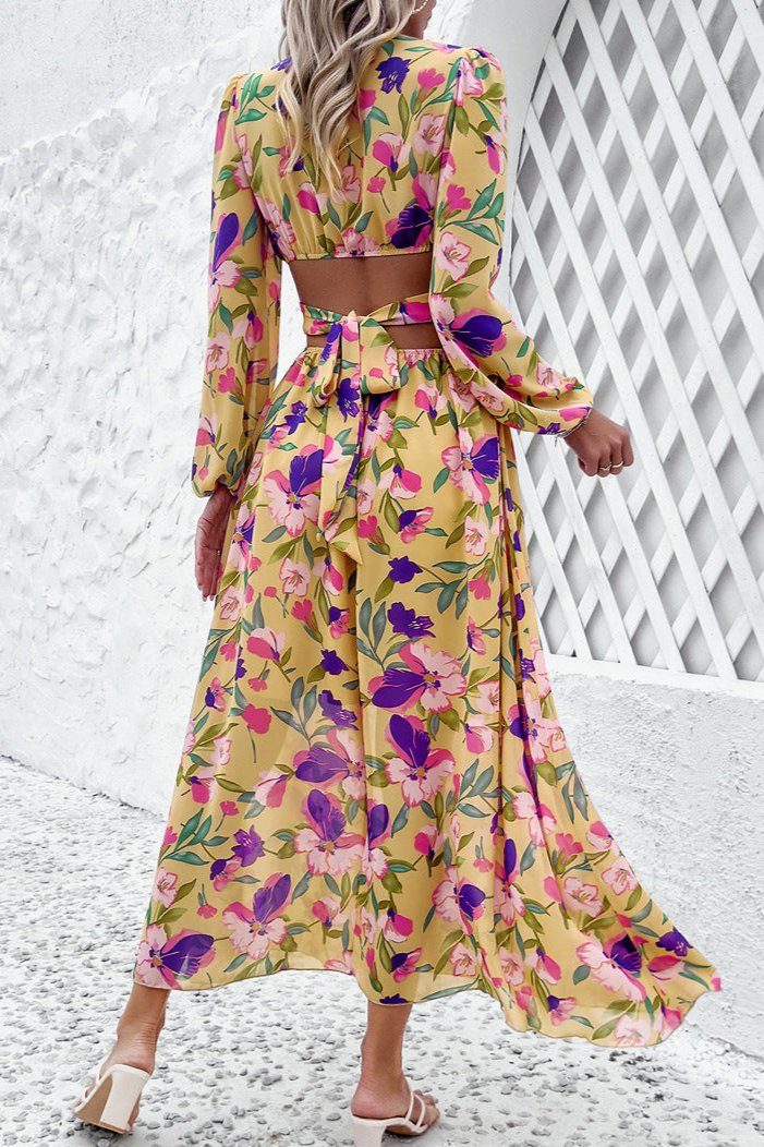 Long Sleeve Deep V-Neck Yellow Floral Maxi Dress