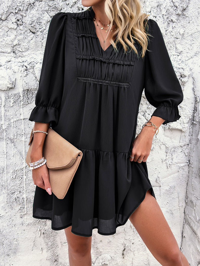 V-Neck Solid Black Color Half Sleeve Dress