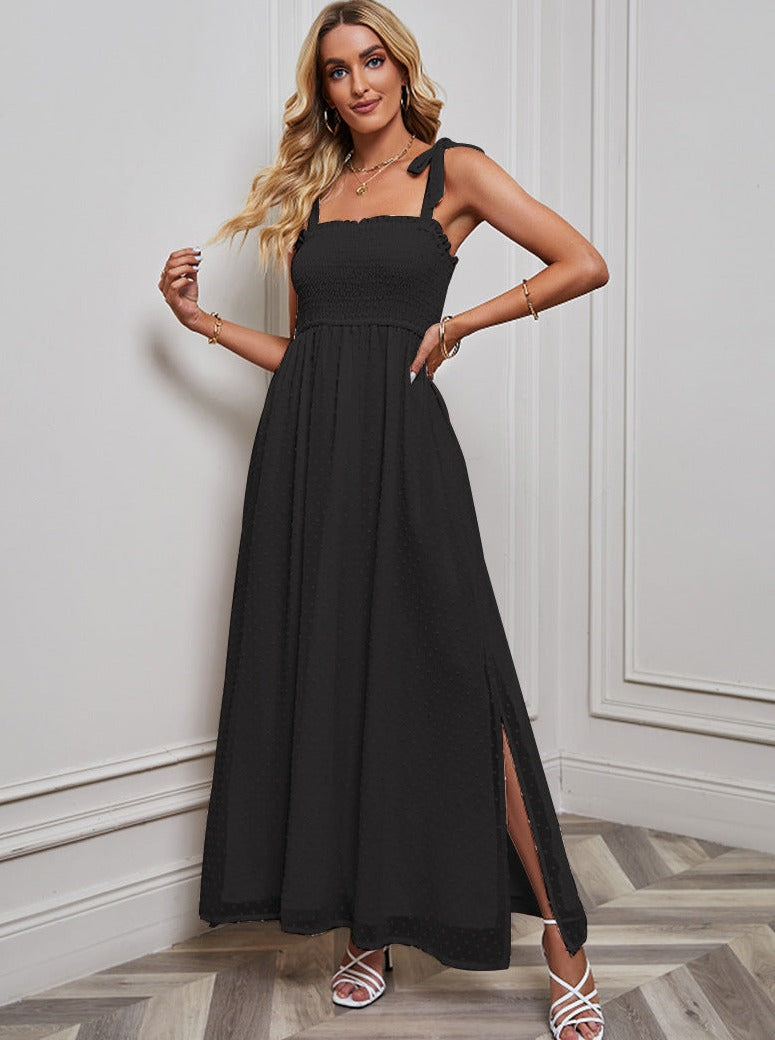 Cute Plain Color Ribbon Shoulder Textured Slit Dress