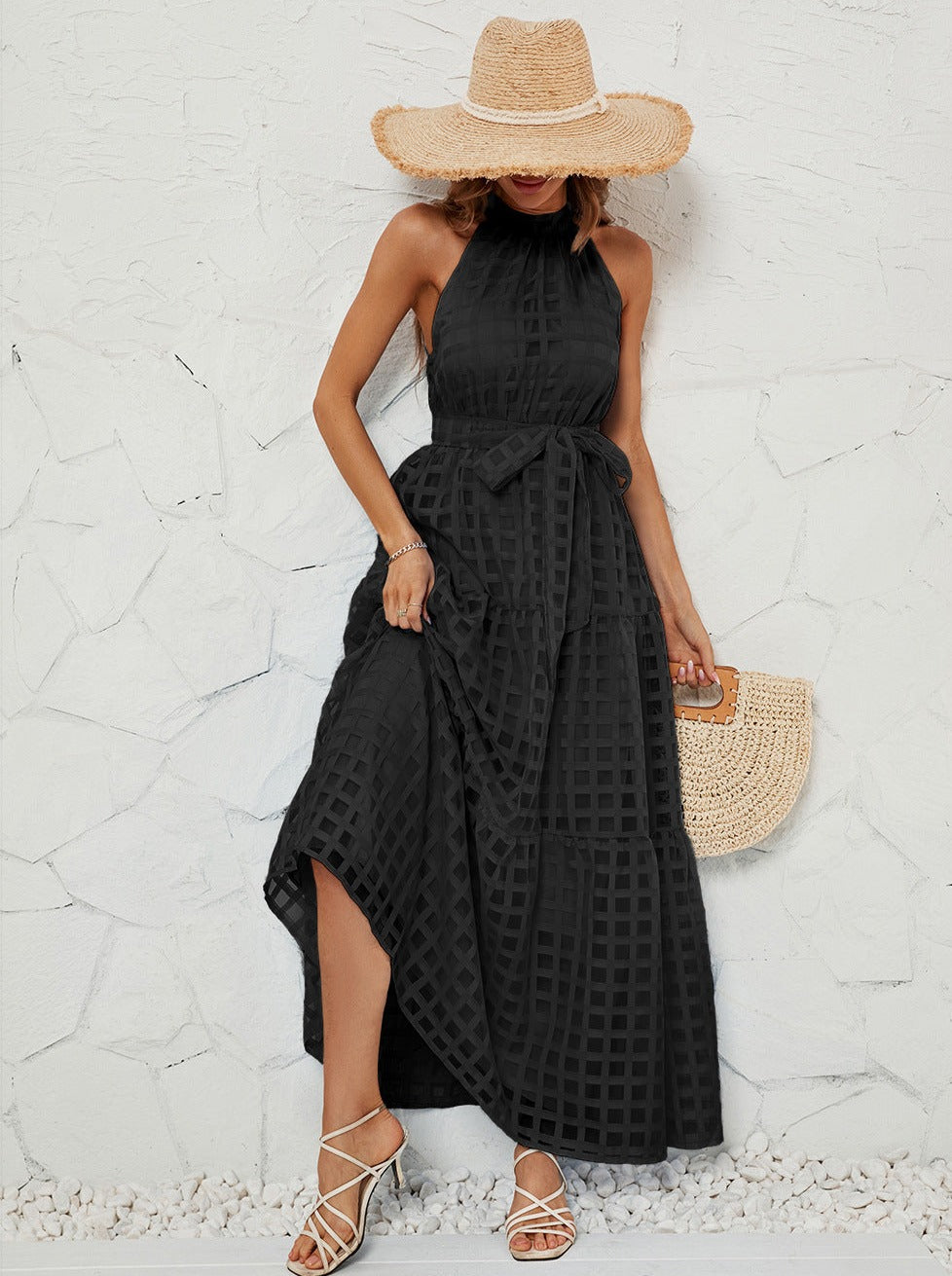 Black Halter Mesh Belted Maxi Dress