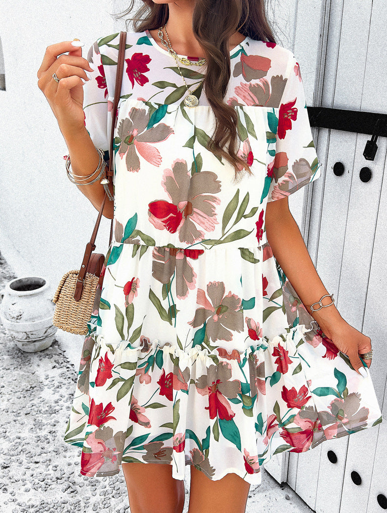 Luftiges Blumen Minikleid Kurzarm Rückenausschnitt Sommermode Freizeit