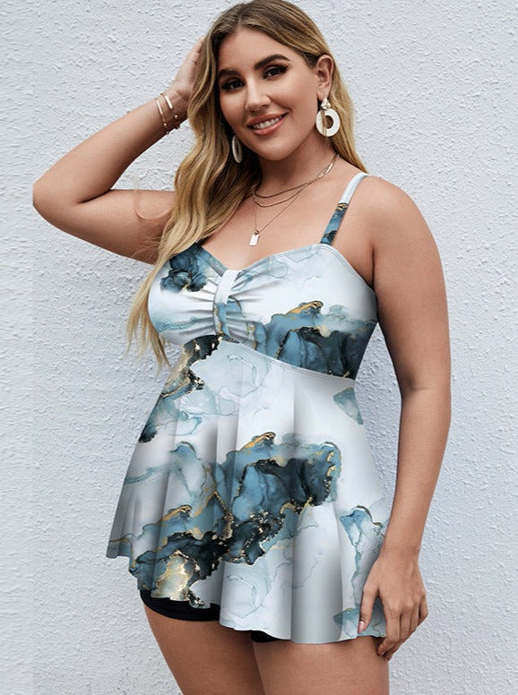 Plus Size Curvy Blue & Black Marble Printed Spaghetti Strap Tops