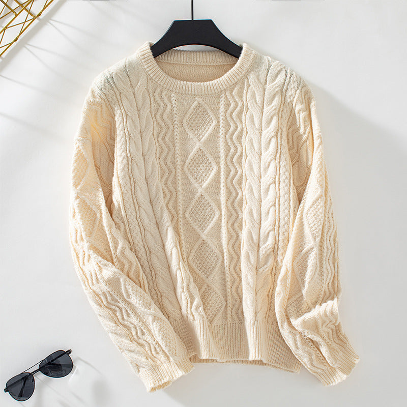 Solid Retro Loose Knitted Long Sleeve Sweater