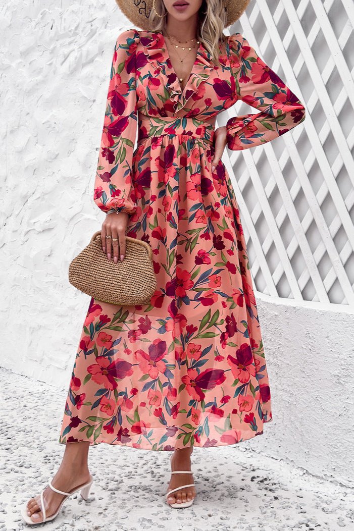 Long Sleeve Deep V-Neck Red Floral Maxi Dress