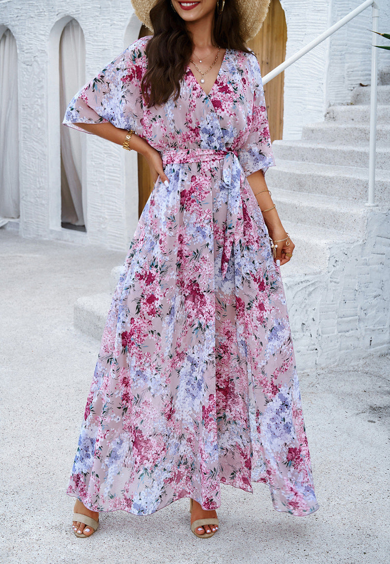 Floral Printed V-Neck Pleated Dress