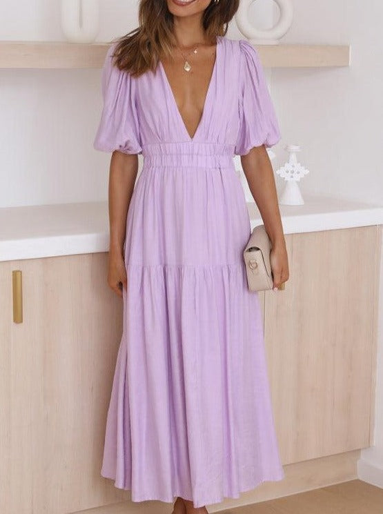 Solid Color Fluff Sleeve V-Neck Pleated Dress