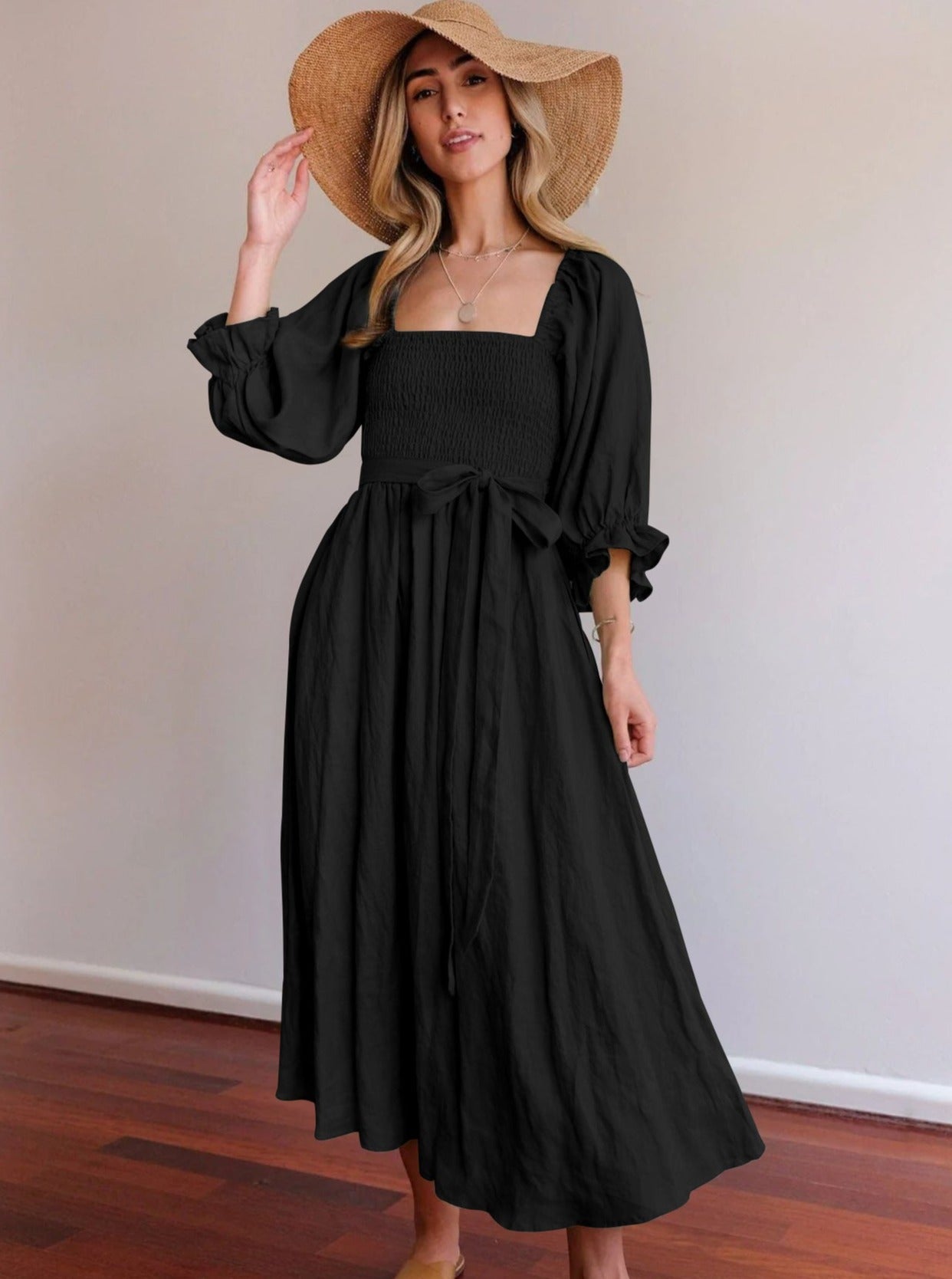 Solid Color Ruffled Lantern Sleeve Pleated Dress