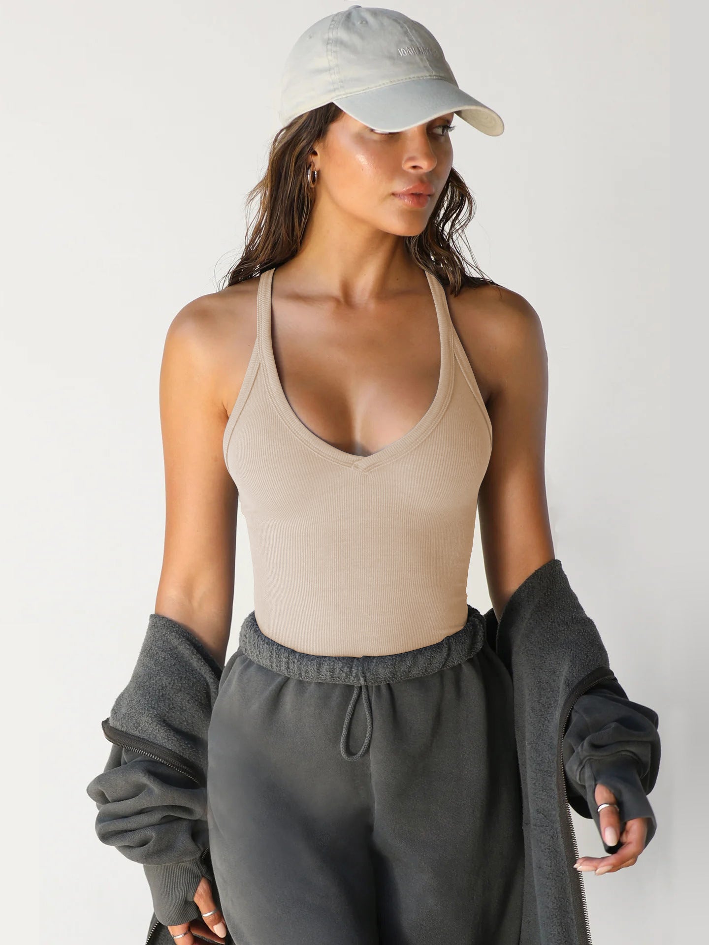 Beige Halter V-Neck Plain Sleeveless Top