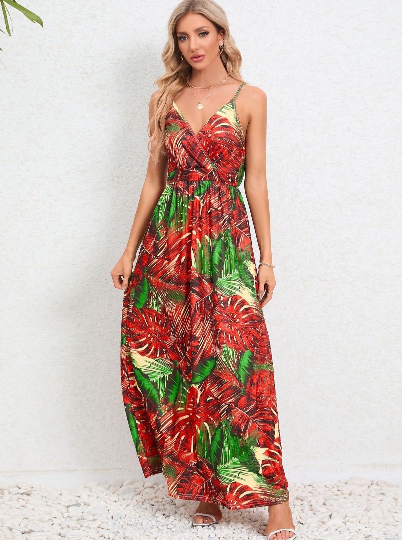 Red Green Tropical Printed Long Dress