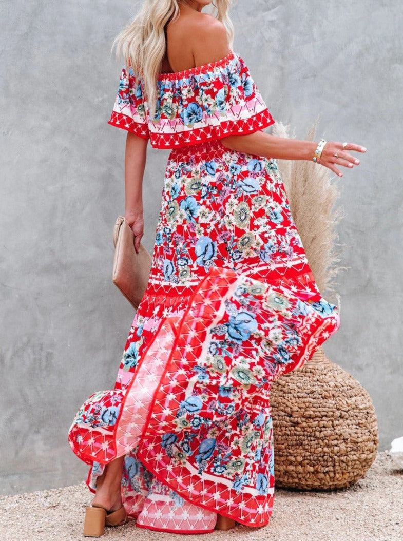 Red Floral Retro Printed Off Shoulder Maxi Dress