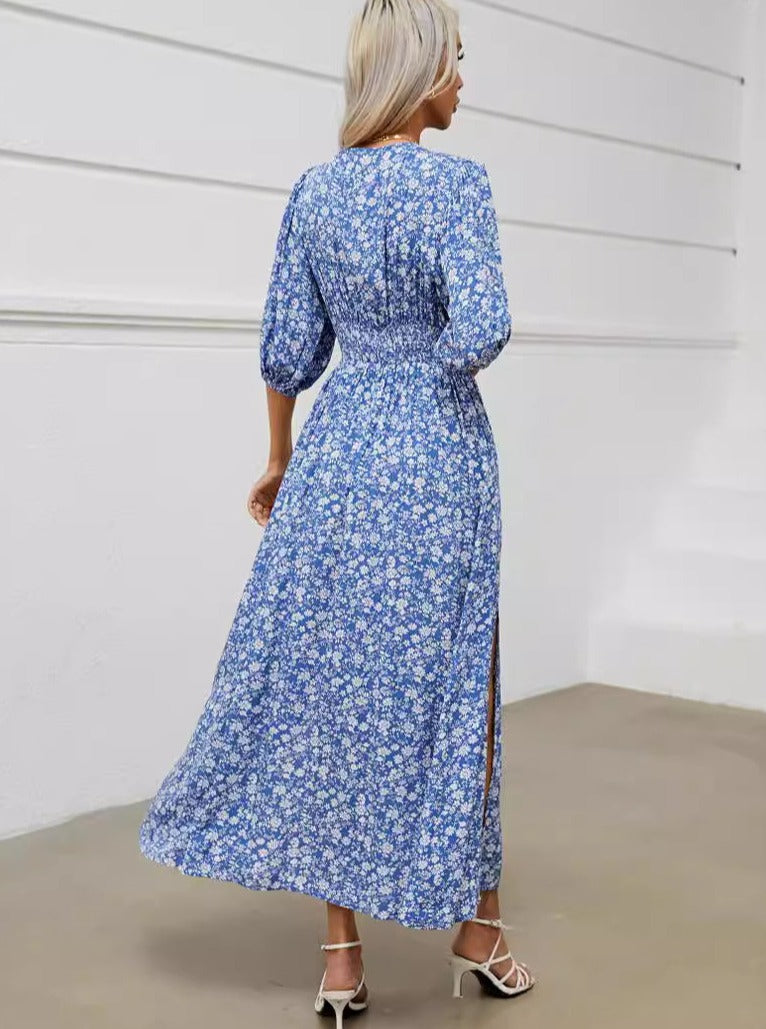 Blue Bohemian V-Neck Lantern Sleeve Waist Dress