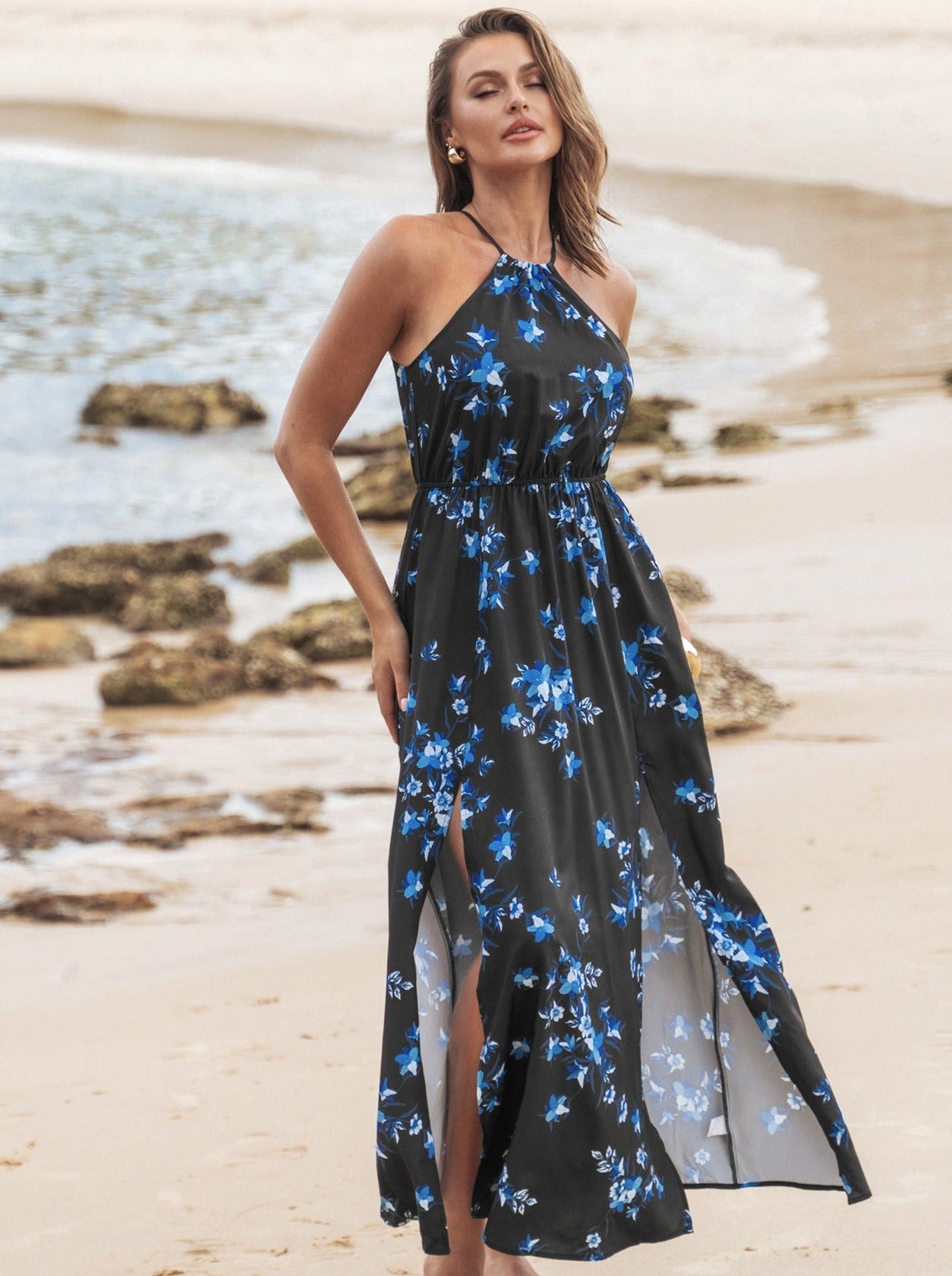 Floral Printed Halter Neck Slit Maxi Dress