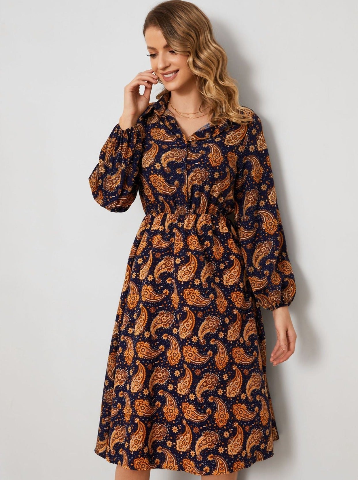 Brown Floral Collar Long Sleeve Temperament Midi Dress