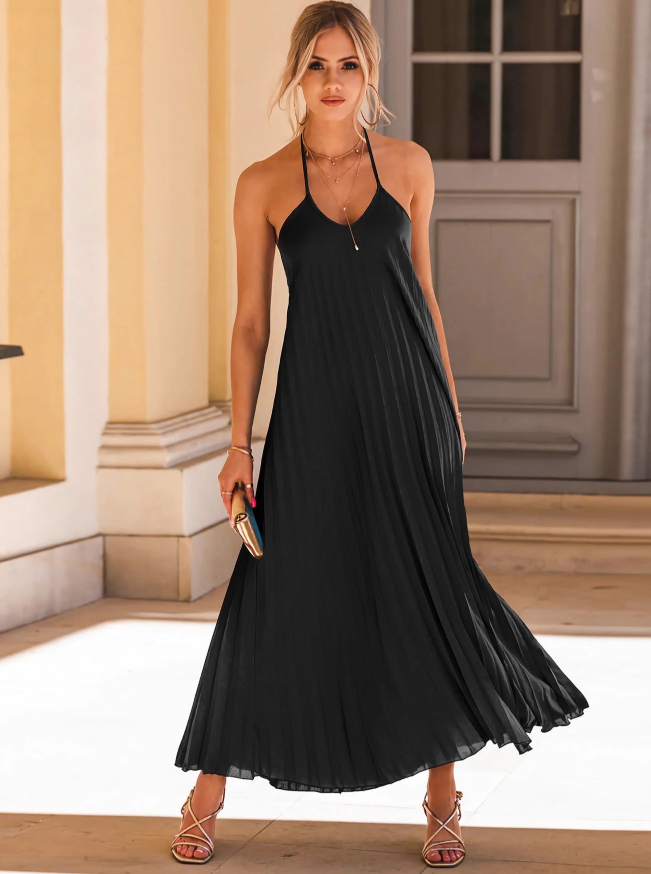 Pleated Halter Neck Sleeveless Maxi Dress