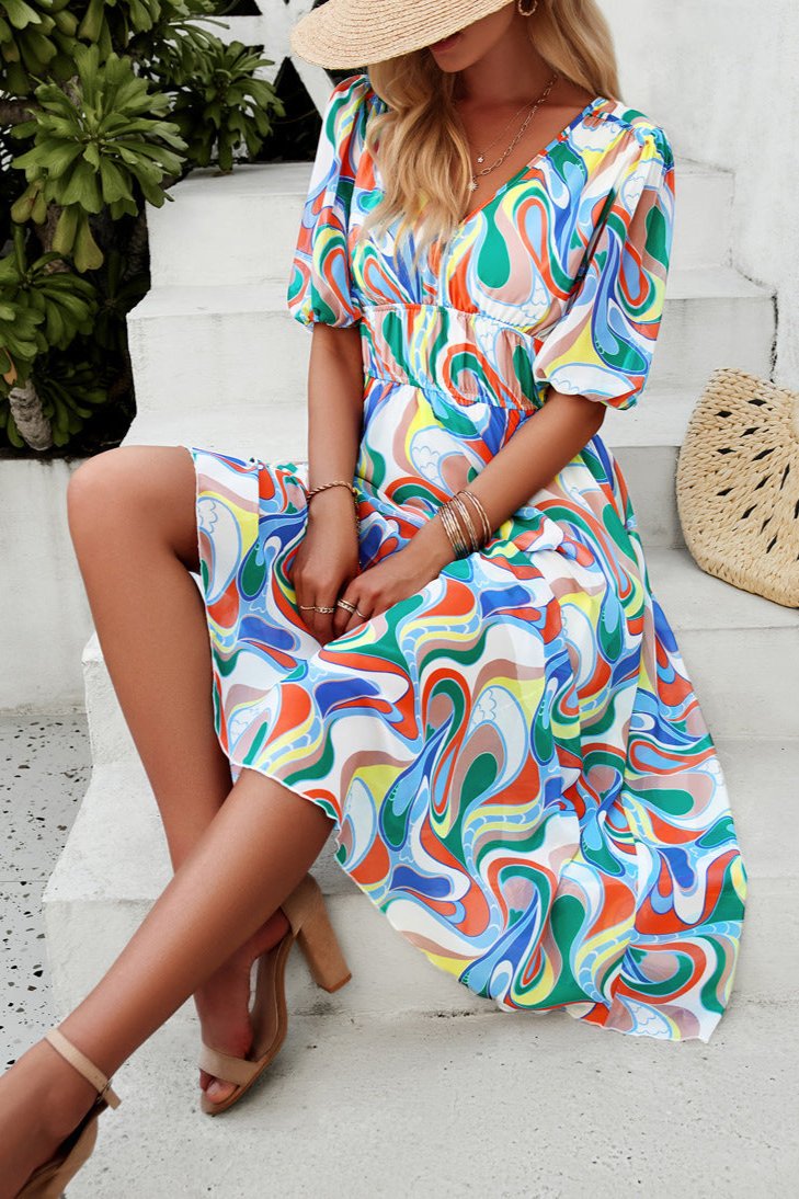 Casual Floral V-Neck Puff Sleeve Midi Dress