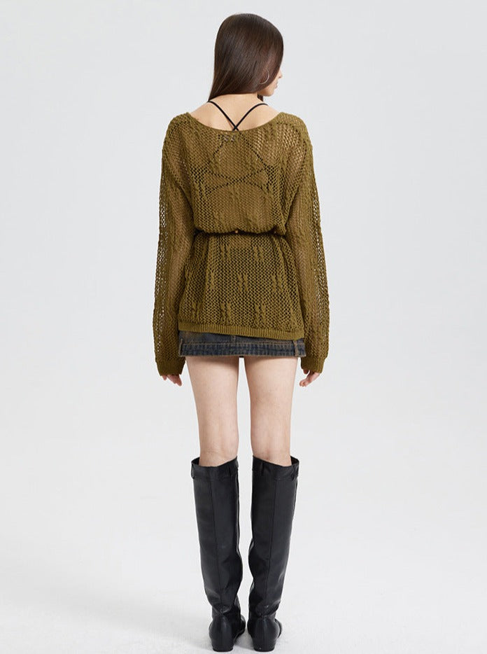 Sexy Bohemian Long-Sleeve Notch Neck Knitted Sweater with String Belt