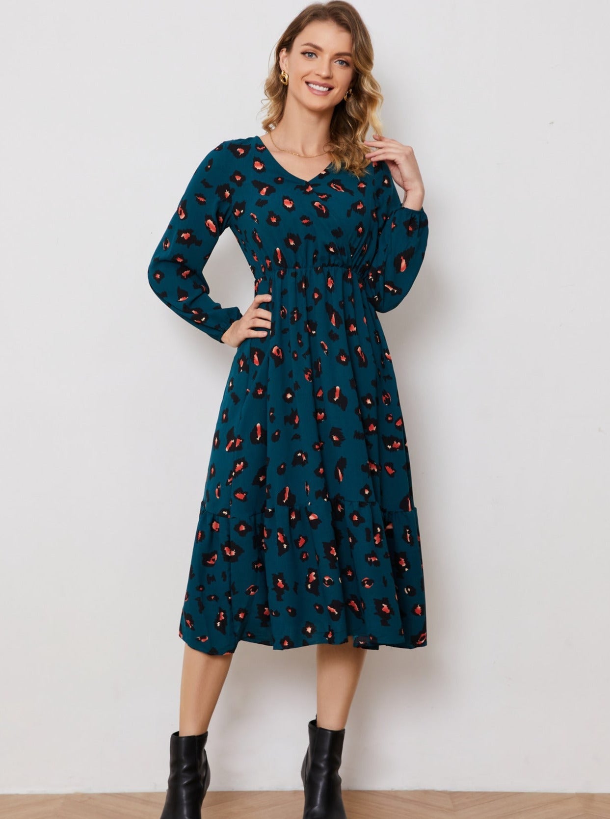 V-Neck Allover Printed Flared Dress