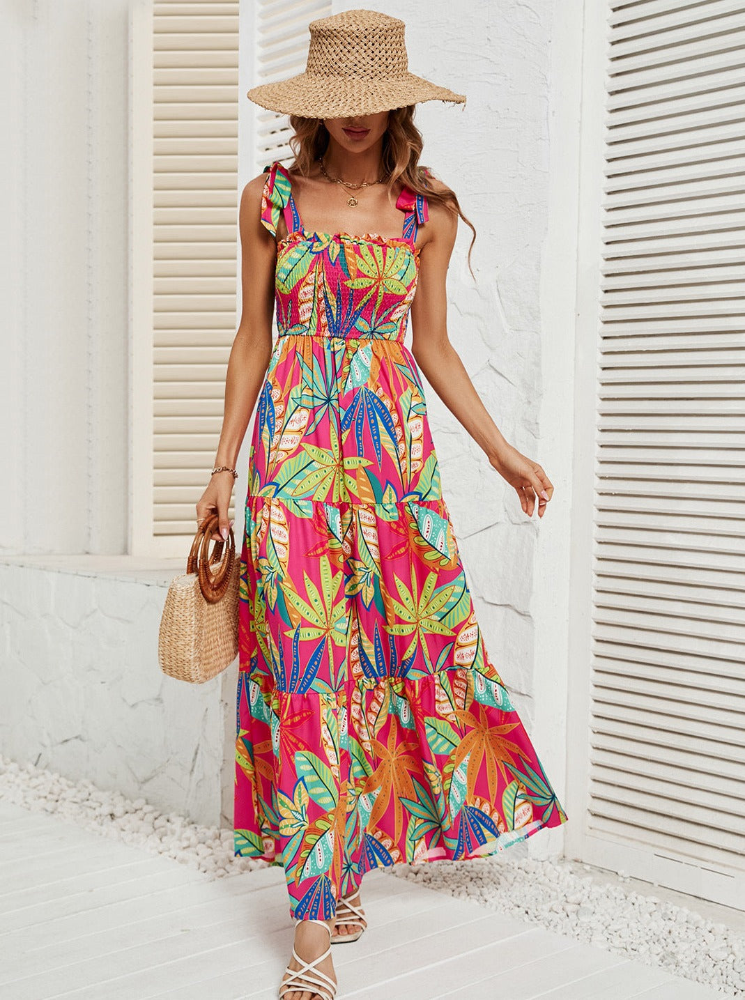 Casual Loose Floral Boho Halter Wrap High Waisted Midi Dress