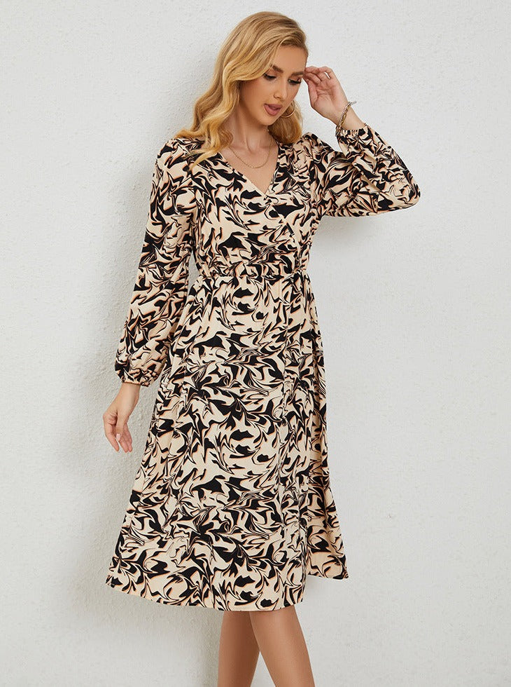 Retro Printed V-Neck Long Sleeve Temperament Midi Dress