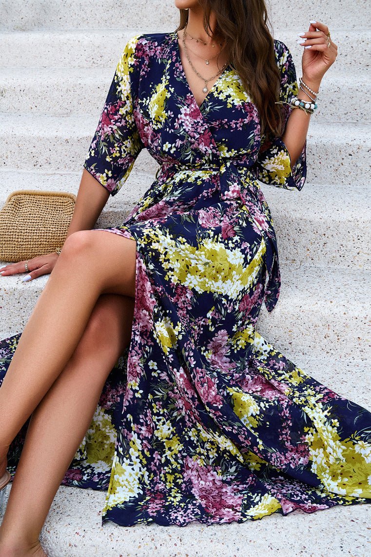 Royal Blue Floral V-Neck Wrap Around Belted Midi Dress