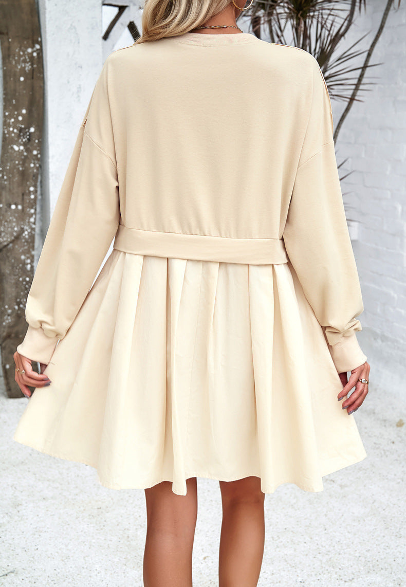 Apricot Round Neck Long Sleeve Pleated Dress