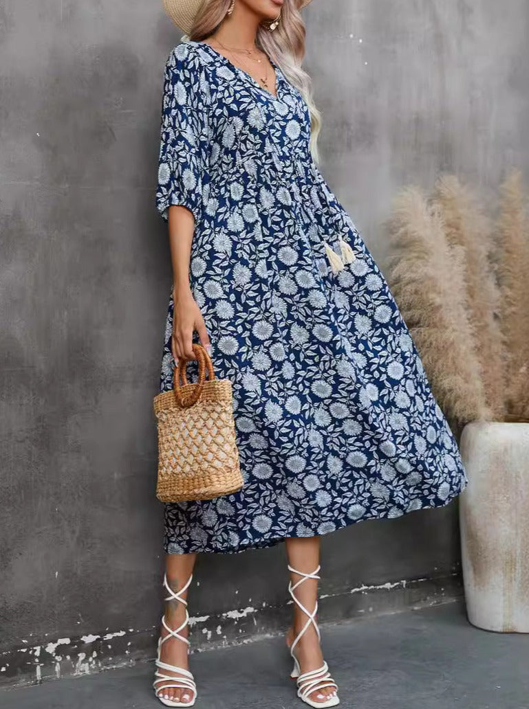 Blue Bohemian V-Neck Half Sleeves Dress