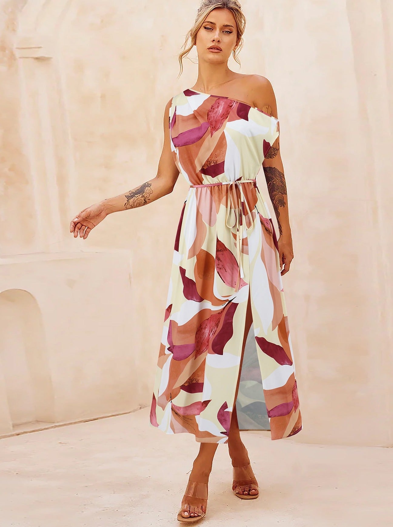 Floral Print Slant Shoulder Belted Long Dress